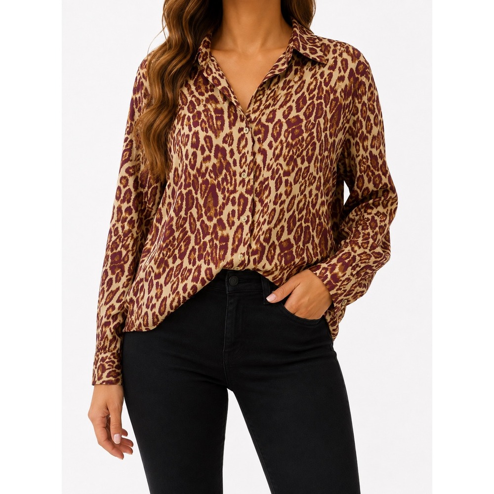 Bold Elements Womens Leopard Animal Print Button Down Blouse Burgundy Tan Medium